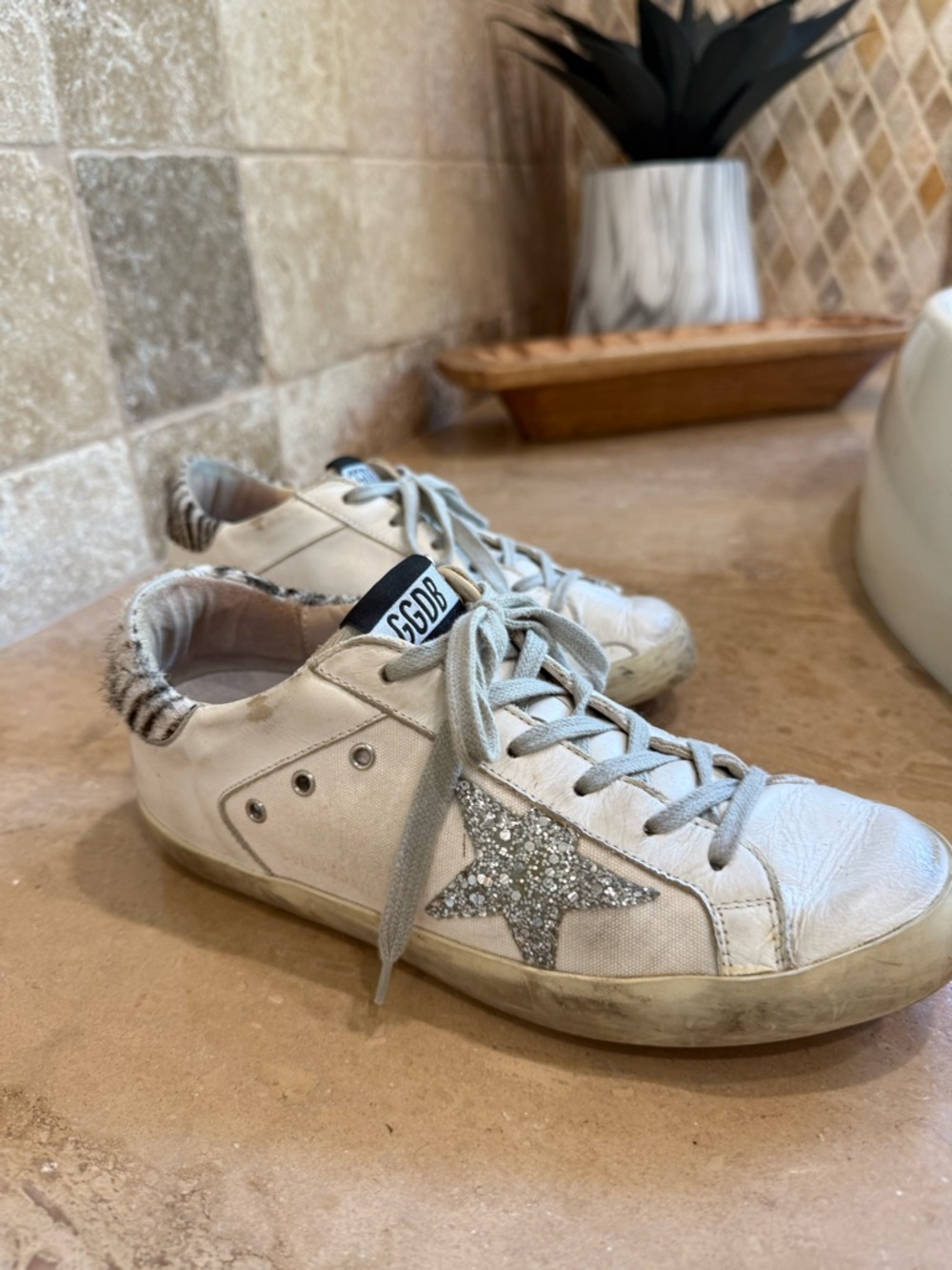 White Women’s Lace-Up Sneakers with Silver Glitter Star